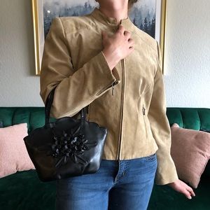 Classic Black Leather Mini Tote with Floral Appliqué